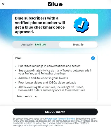 Twitter Blue 订阅界面