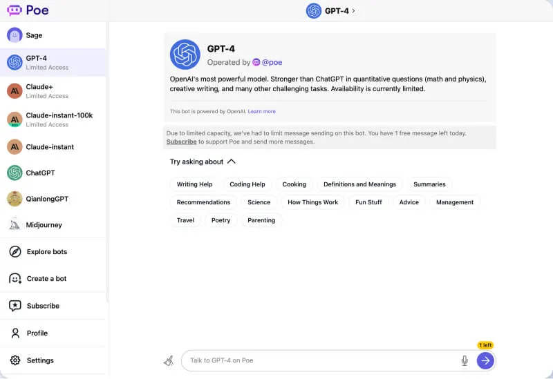Quora Ai 机器人 Poe--免费 GPT