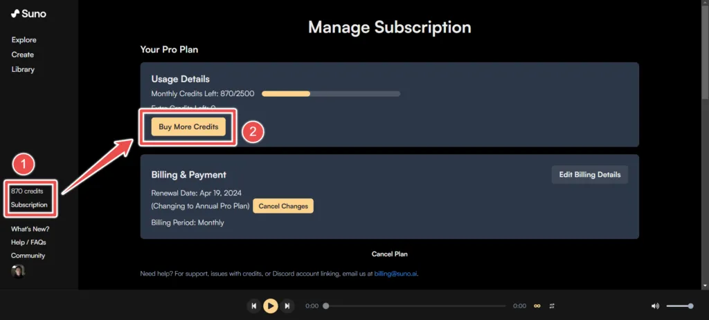 Suno AI Buy More Credits 弹出视窗