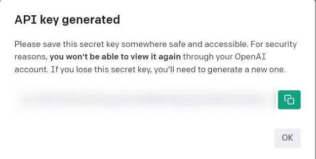 复制OpenAI的API密钥