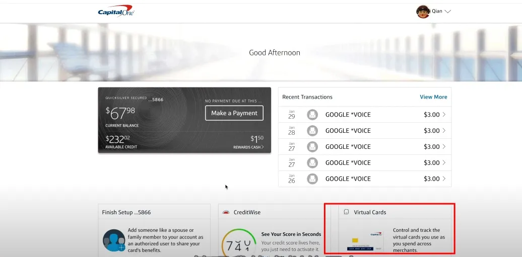 Capital One虚拟信用卡管理页面